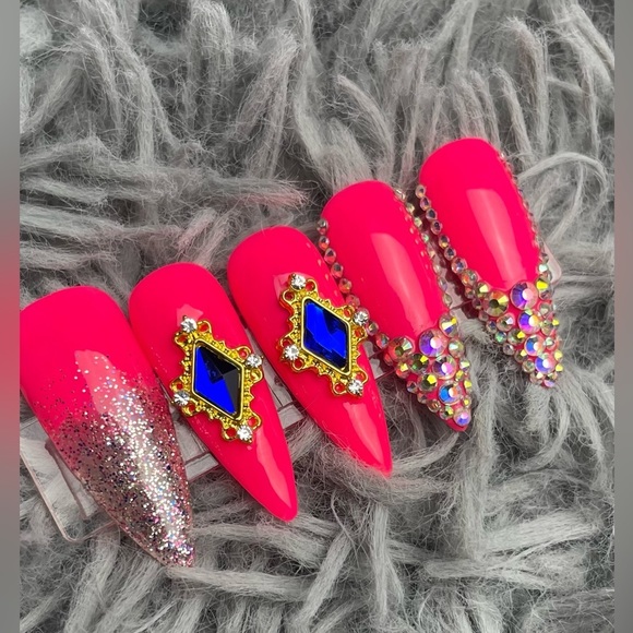 Long stiletto press on nails glitter neon pink handmade custom gel rhinestones